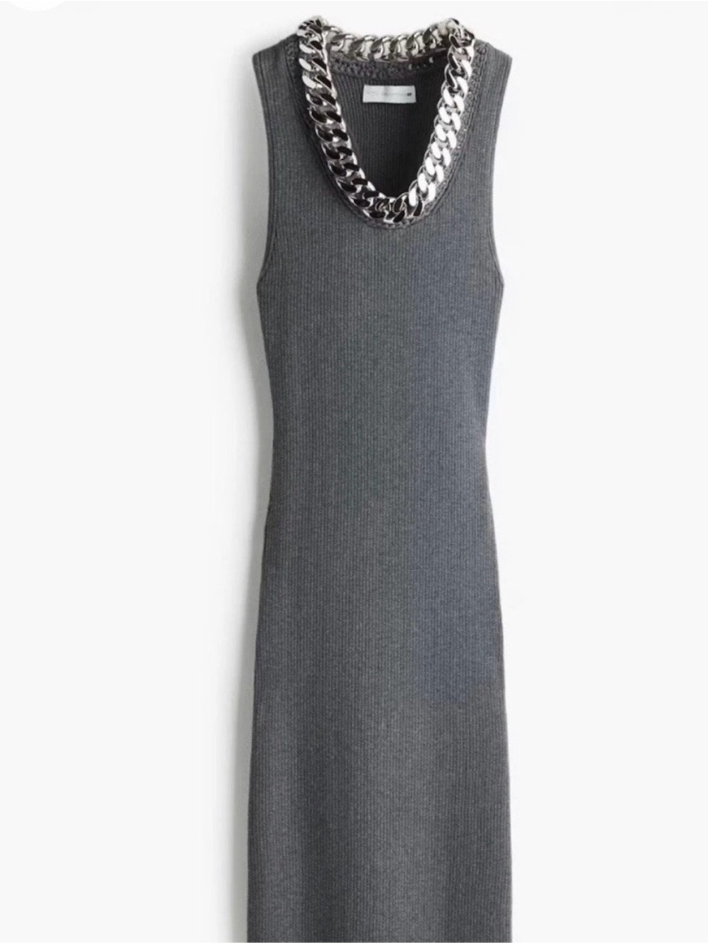 Stella McCartney H&M Sleeveless Ribbed Grey Knit Midi Dress with Chain Trim S